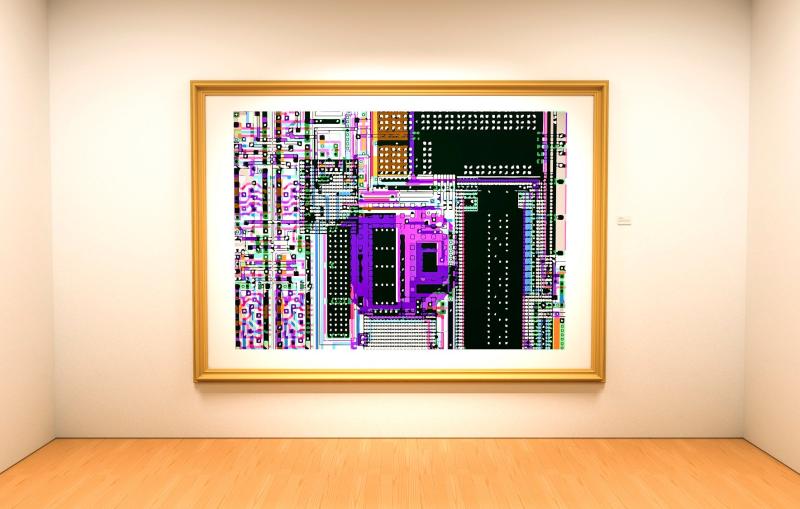 This illustration shows the layout of an application-specific integrated circuit, or ASIC, at an imaginary art exhibition.