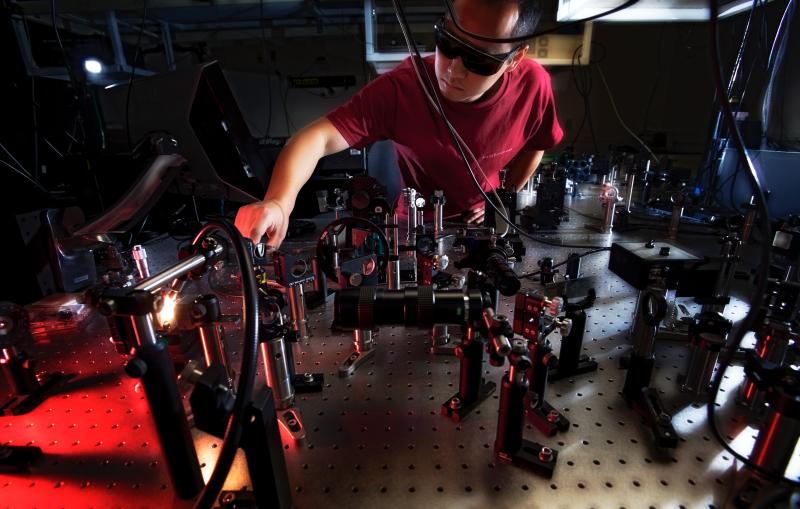 PULSE graduate student Jian Chen in a laser lab at SLAC.