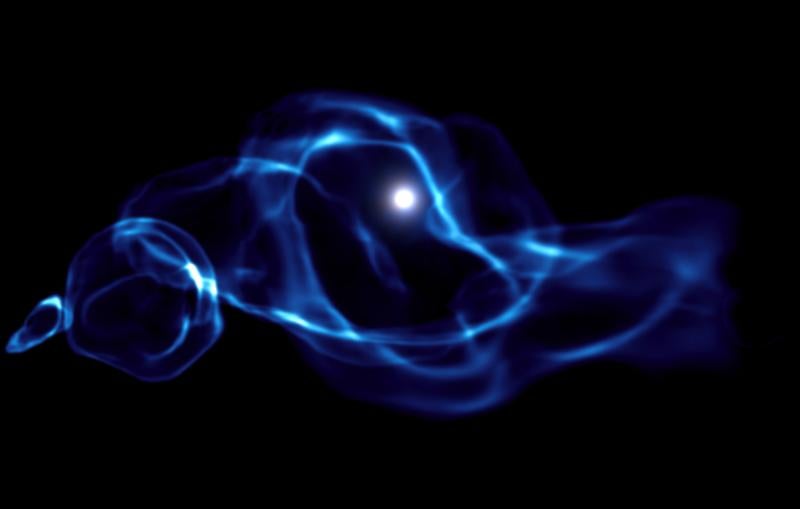 computer-simulated image shows gas interacting with one of the first black holes in the early universe