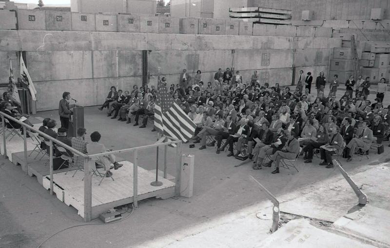 Groundbreaking ceremony for SSRP (SSRL), including Pief Panofsky, Herman Winick, and Hobey DeStaebler, 1977.