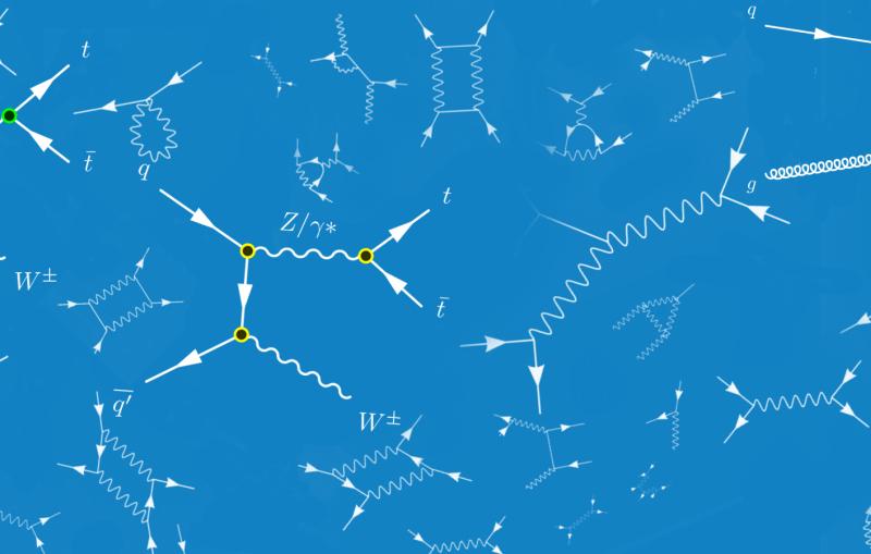 A series of straight and squiggly lines representing interactions between elementary particles such as quarks.