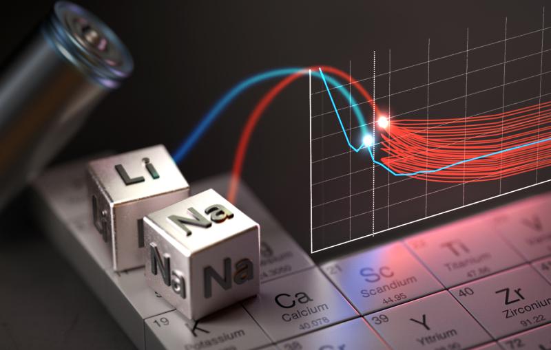 An illustration of the periodic table, featuring lithium and sodium, along with a data graph.