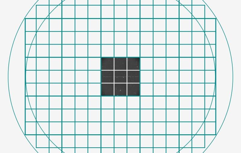 A grid representing a digital camera image, with the central squares filled in.