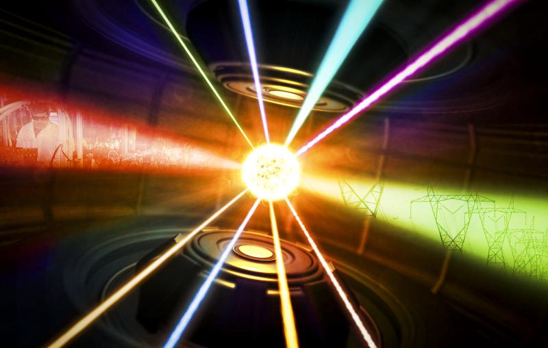 Graphic representation of lasers hitting a fusion fuel target in a fusion target chamber