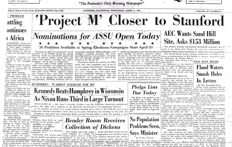 Project M article on front page of Stanford Daily newspaper in 1960