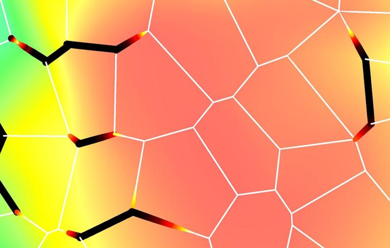 Closeup of an illustration showing how battery cathode material degrades