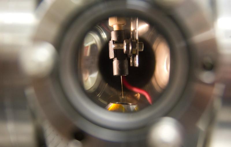 Photo - Liquid microjet delivers sample proteins to a chamber.