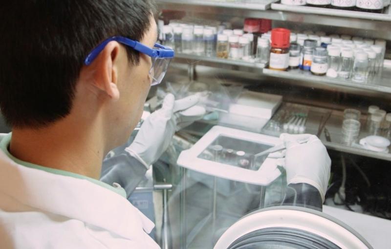 Photo - scientist preparing a dime-sized prototype battery