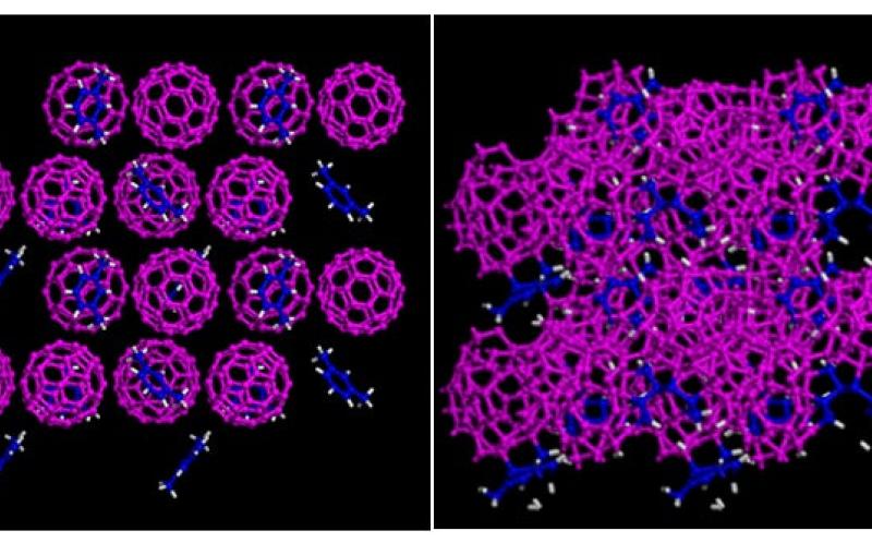 Simulated structures showing the starting material of buckyballs and m-xylene solvent