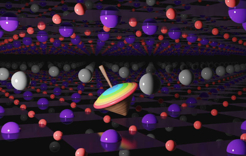 A brightly colored top is seen spinning between two layers of gray, purple and red spheres representing atoms in a nickel oxide superconductor. 