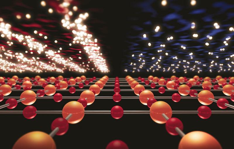 Artist's illustration shows quantum states called superconductivity and charge density waves atop an atomic lattice of balls and sticks