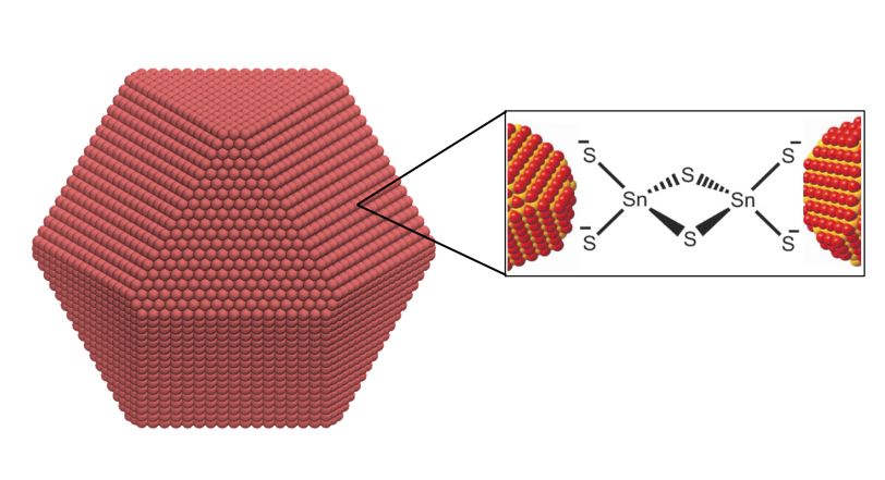 A lattice of red crystals (left) and a detail showing the internal structure of the red crystals (right).