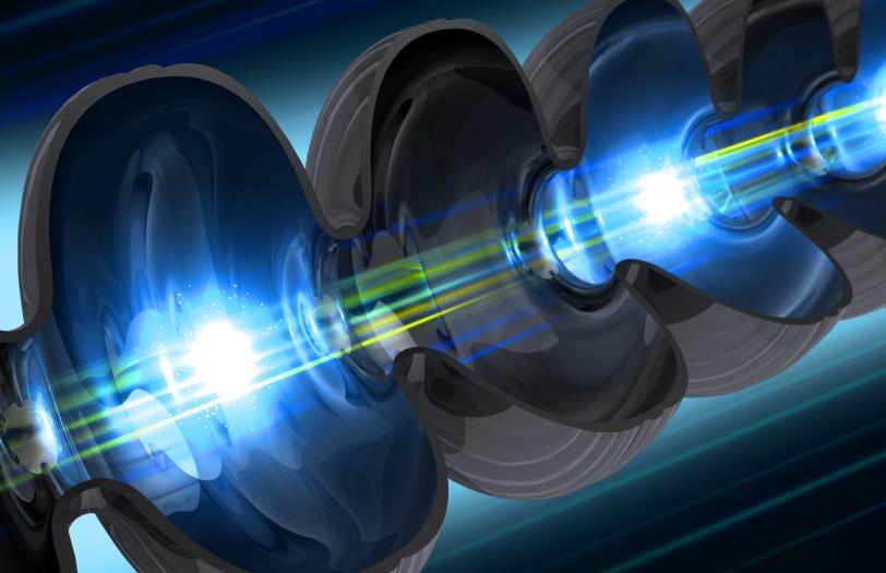 illustration of an electron beam traveling through a niobium cavity – a key component of SLAC’s future LCLS-II X-ray laser. 