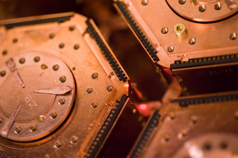 Close-up photo of copper dark matter detectors