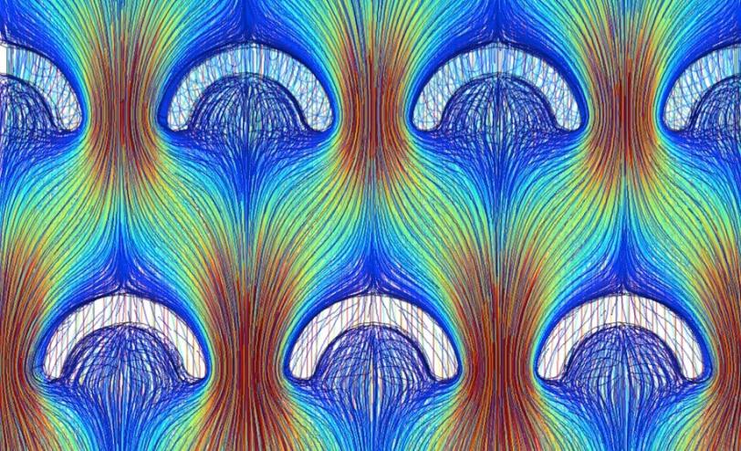 "Streamline representation," of the organic semiconductor solution flowing around the micropillars and mixing in the spaces below.