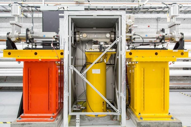 Photo - This equipment is used to quickly move a mirror in or out of the path of X-rays at LCLS to switch them to different experiments. (Matt Beardsley)