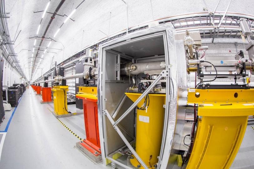 Photo - A bird's-eye view of the mirror setup used to switch X-ray pulses between instruments at SLAC's Linac Coherent Light Source. (Matt Beardsley/SLAC)