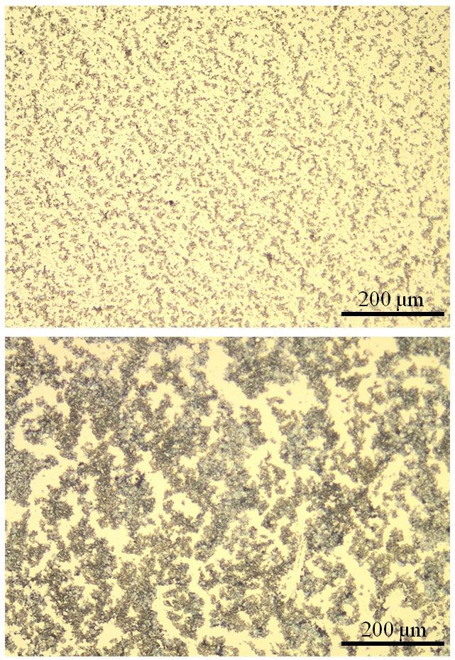 Image -  A new binder material forms a fine-grained (top) lithium sulfide/carbon composite cathode, compared with the large clumps (bottom) that form when another common binder is used.