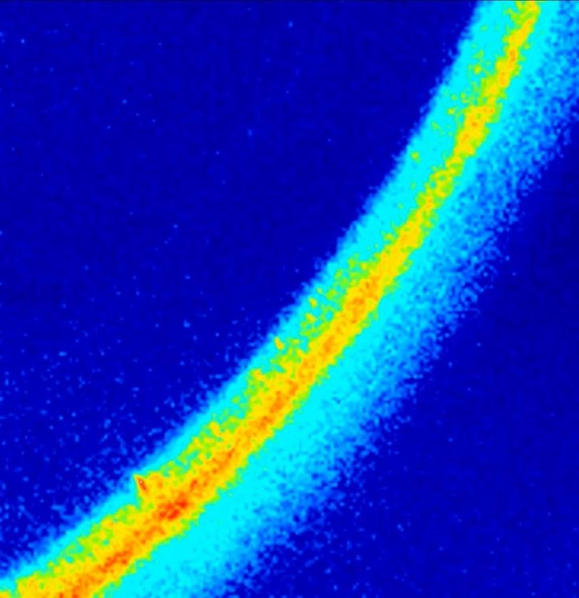 One of a sequence of images showing how a laser-driven shock impacts the crystalline structure, or lattice, of a thin copper sample. The images were combined into a movie that shows trillionths-of-a-second changes in the lattice. (D. Milathianaki, S. Bout