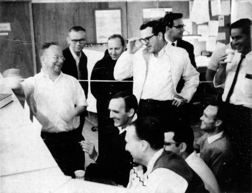 Wolfgang "Pief" Panofsky gestures at a control-room monitor