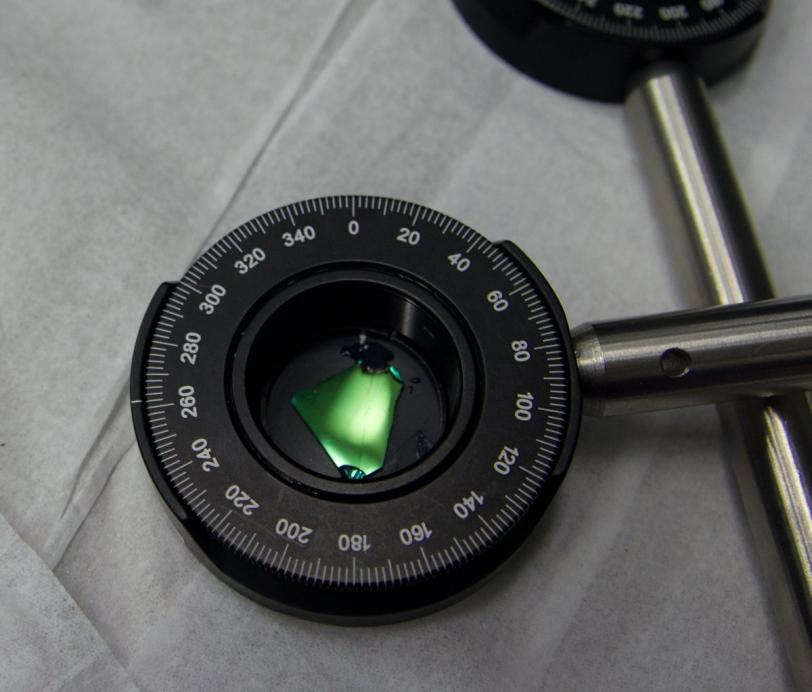 Photo - This thin green crystal was used to convert near-infrared laser light into terahertz frequencies. The terahertz light was used to create an electric field that drove a magnetic response in terbium manganite, a multiferroic material.