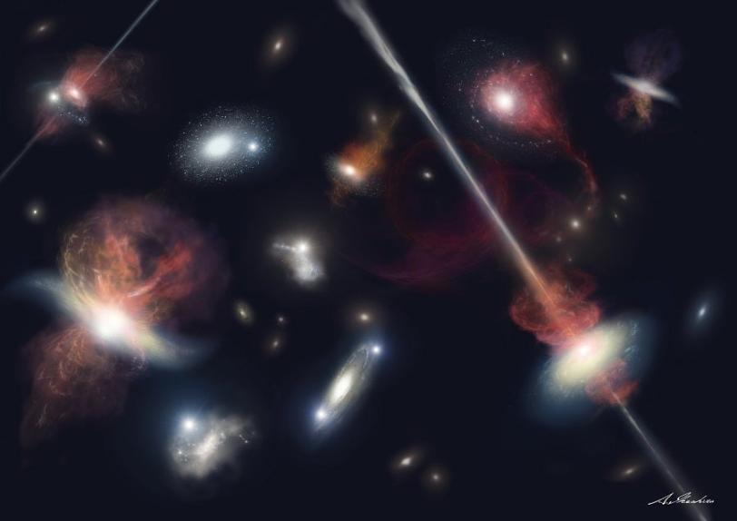 Image: Illustration of some markers of the universe's turbulent youth, such as supernova explosions and active galactic nuclei (Akihiro Ikeshita).