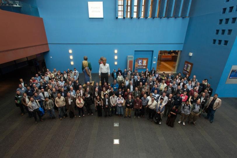 Some of the Lepton-Photon attendees gather for a group photo. (Matt Beardsley.)