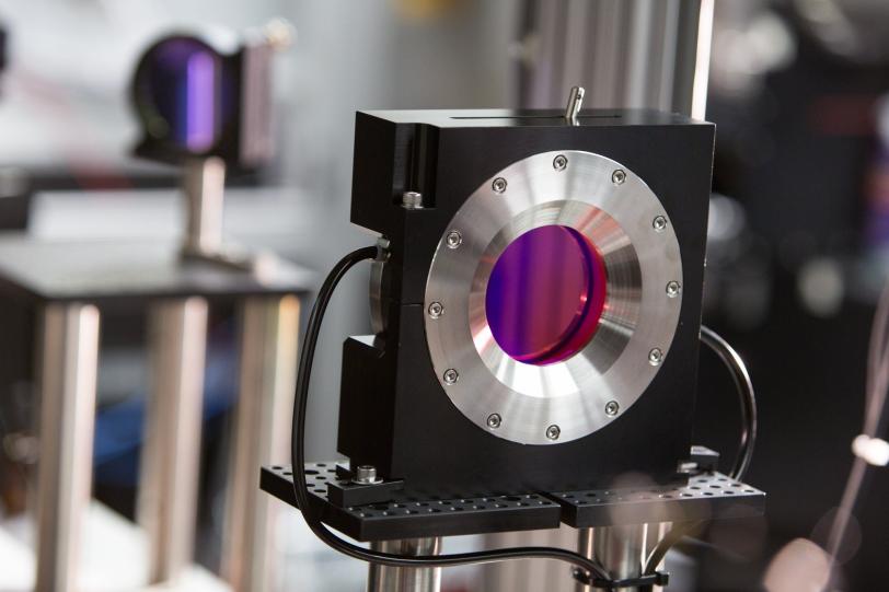 A close-up view of the large crystal that is integral to a high-power laser at SLAC's Matter in Extreme Conditions experimental station at the Linac Coherent Light Source X-ray laser. (SLAC National Accelerator Laboratory)