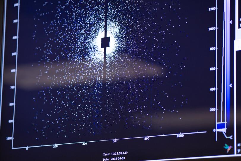 An image produced by an X-ray pulse hitting a tiny virus sample.