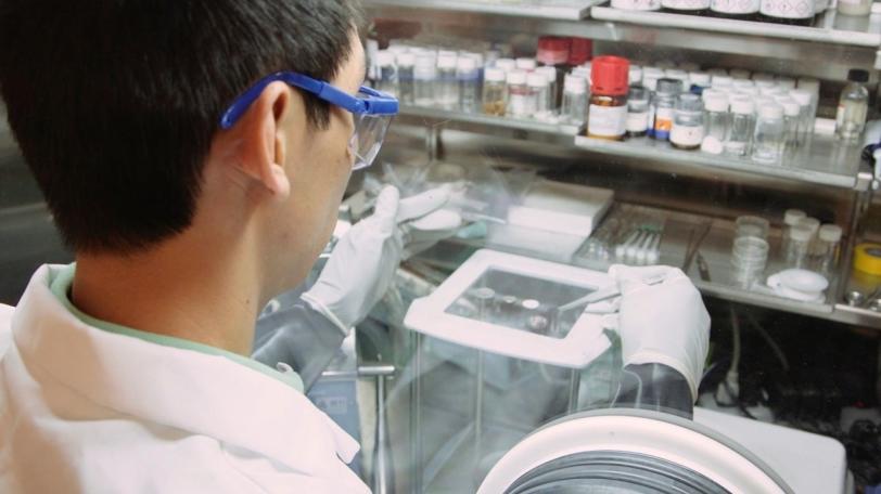 Photo - scientist preparing a dime-sized prototype battery