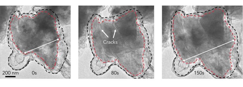 Electron microscope image of silicon microparticle expanding and cracking within its graphene cage. 