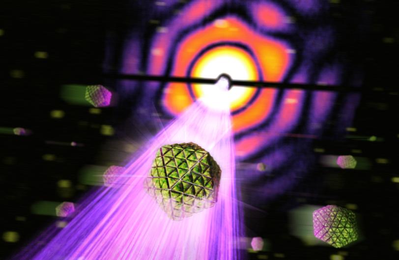 Image - A geometric structure from a bacterial cell, called a carboxysome, is struck by an X-ray pulse (purple) at SLAC’s Linac Coherent Light Source. (SLAC National Accelerator Laboratory)