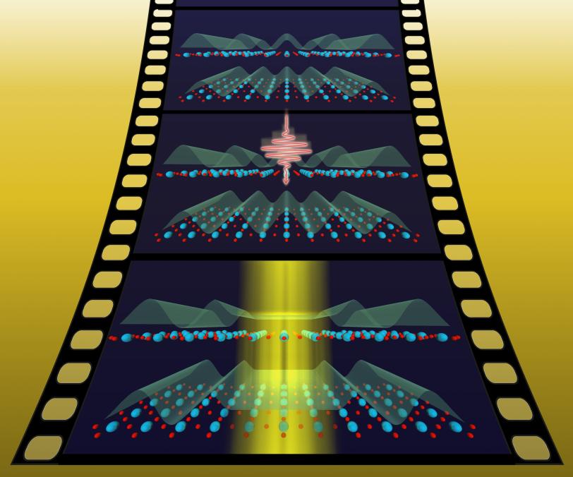 Image - In this illustration, stripes of charge run in perpendicular "ripples" between the copper-oxide layers of a material (top). When a mid-infrared laser pulse strikes the material, it "melts" these ripples and induces superconductivity.