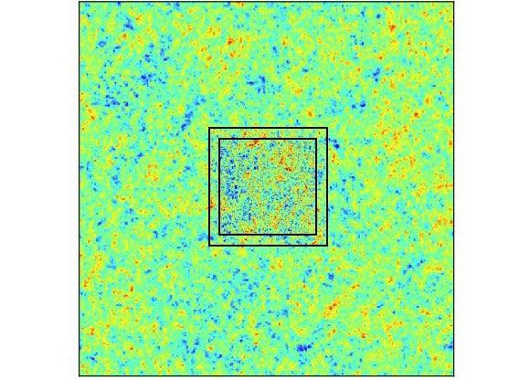 Multi-scale distribution of matter, or "density field," used as an initial condition for simulations exploring the evolution of both large- and smaller-scale structures in the Universe.