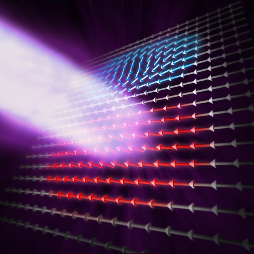 Image - X-rays at SSRL (purple) measure a special type of magnetic wave, called a spin wave soliton, that has the ability to hold its shape as it moves across a magnetic material. The arrows represent the magentic orientation in the material.