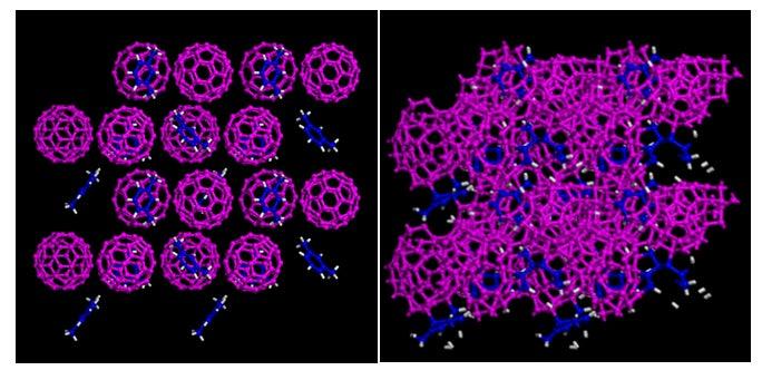 Simulated structures showing the starting material of buckyballs and m-xylene solvent