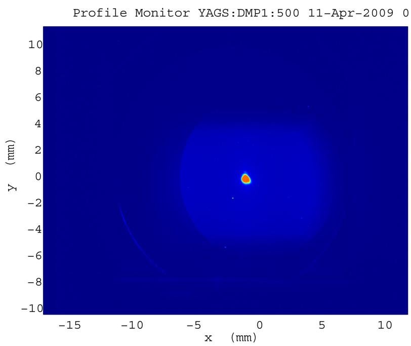 Image - An X-ray laser pulse as seen in SLAC's Main Control Center. The tiny, distinct pinpoint toward the middle of the image represents an LCLS laser pulse. It is surrounded by a larger halo of dimmer X-rays that are more like synchrotron X-rays.