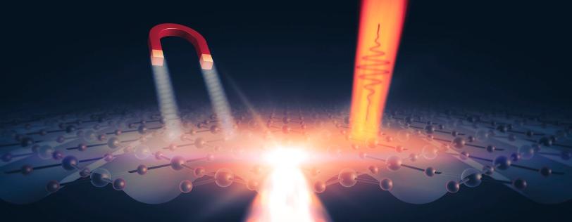 Illustration showing the surface of a material with balls and sticks representing molecules. A U-shaped magnet at top left applies a magnetic field to the material, and a shaft of orange laser light coming in from top right excites the material.