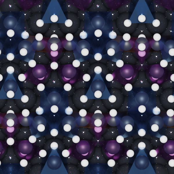 White dots on a black background, with additional purple and blue dots and purple triangles connecting them.