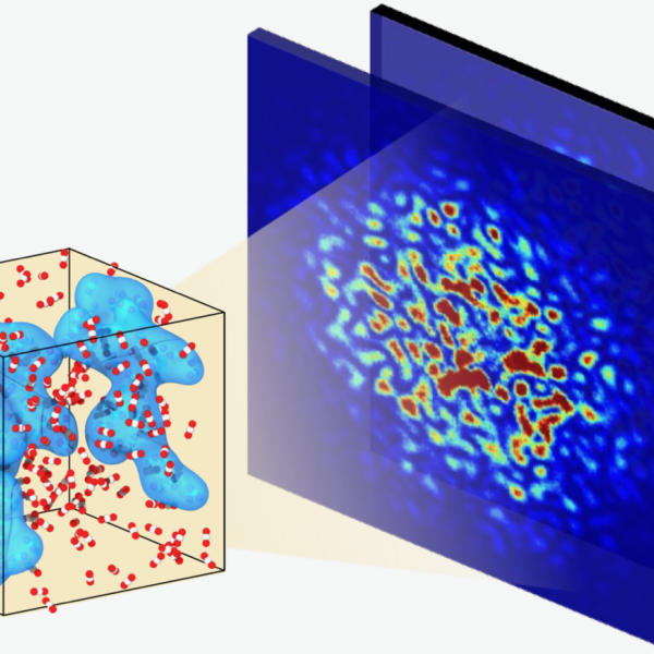 A figure showing atoms and blue blobs projecting an image onto a screen.