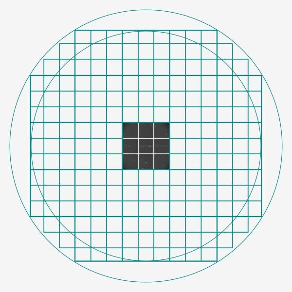 A grid representing a digital camera image, with the central squares filled in.