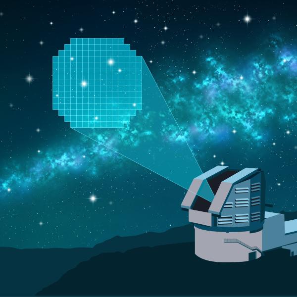 An illustration of a telescope scanning the night sky.