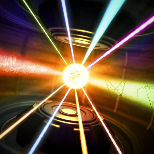 Graphic representation of lasers hitting a fusion fuel target in a fusion target chamber