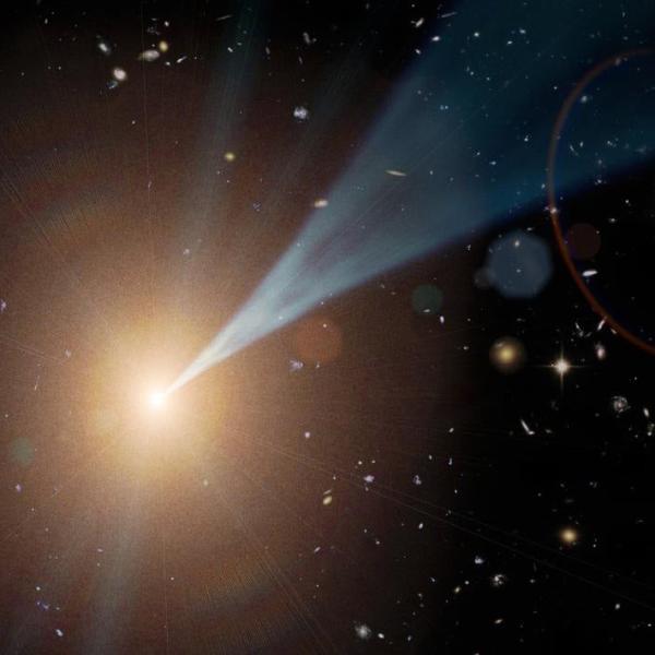 a supermassive black hole with a jet streaming outward at nearly the speed of light