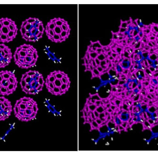 Simulated structures showing the starting material of buckyballs and m-xylene solvent